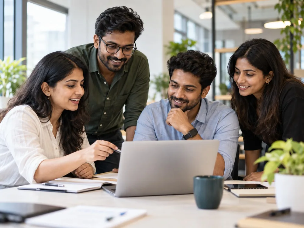 Illustrative team of professionals collaborating in a modern workspace